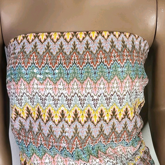 Express Tube Top Size Small Tan Teal Striped Sequined Embellished Y2K EUC Sexy - Picture 2 of 5